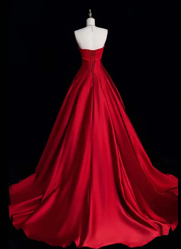 A-Linien-Ballkleid, rot, schlicht, aus Satin, langes Partykleid, Abendkleid, formelles Kleid