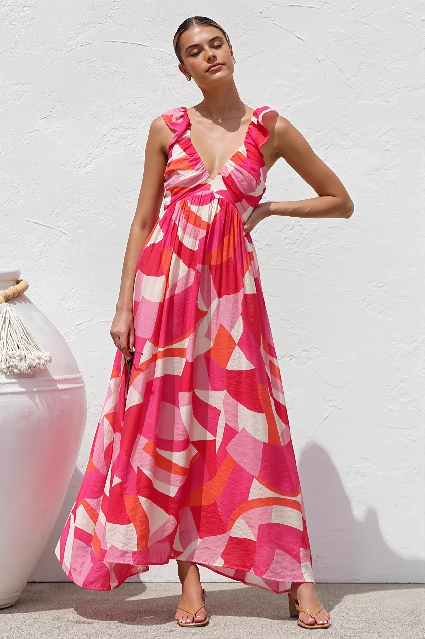 V Neck Swing Print Cami Maxi Dress