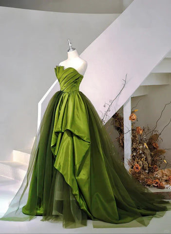 A-Line Princess Ballgown Green Satin and Tulle Sweetheart Long Party Dress Prom Dress