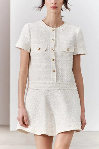 1960er London Girl Tweed Strukturiertes Minikleid mit goldenen Knöpfen und kurzen Ärmeln und Taschen