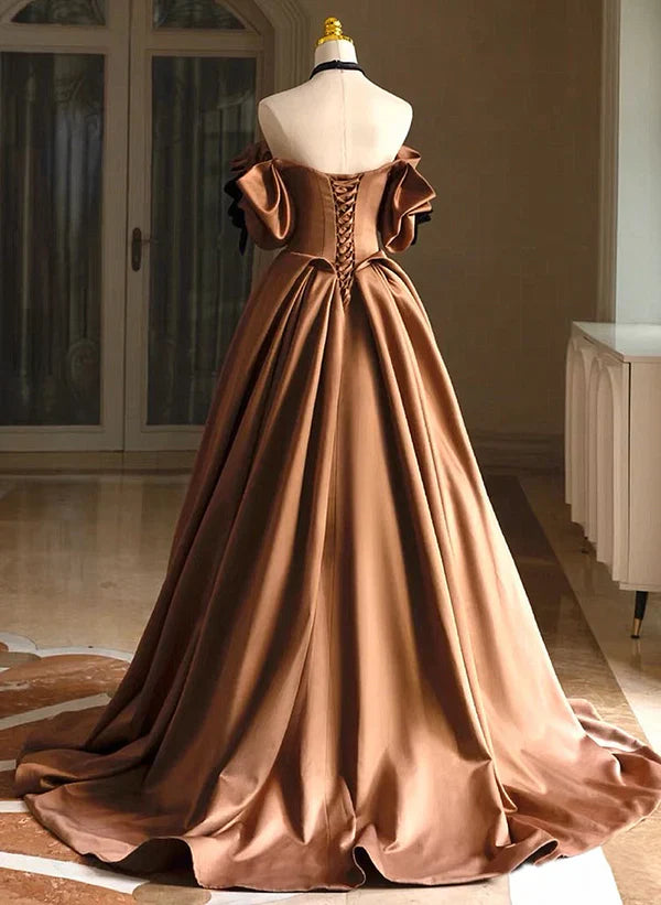 A-Linie Ballkleid Satin Off Shoulder Rundhals Lang Abschlussballkleid Abendkleid