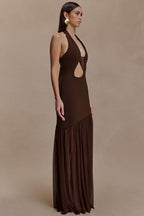 Asymmetrical Cutout Shirred Backless Fitted Maxi Dress
