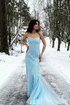 Meerjungfrauen-Abendkleid mit Spaghettiträgern, blau, lang, rückenfrei