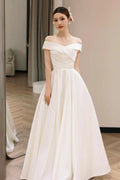 A-Linien-Prinzessinnenkleid, weiß, schulterfrei, schlicht, aus Satin, für Hochzeit, Party oder Abschlussball