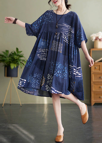 Vestidos maxi de verano arrugados con estampado de cuello redondo azul hechos a mano 