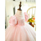 Vestido de niña de las flores, color rosa, con mangas abullonadas y malla esponjosa, para comunión y princesa. 