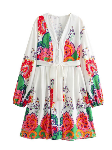 Urlaub Blumendruck Schnürung Knöpfe V-Ausschnitt A-Linie Kleider 