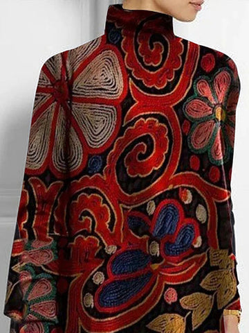 Long Sleeves Loose Floral Printed High Neck T-Shirts