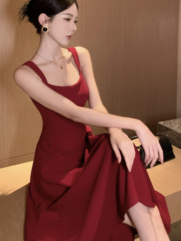 Elegante vestido midi liso de verano para mujer, con tirantes finos, cuello cuadrado, cintura alta, ajustado, para fiesta de noche, vestido de graduación, nuevo 