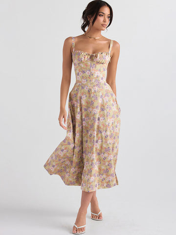 Vestido midi de fiesta con corsé, floral, tirantes anchos, espalda descubierta y abertura lateral