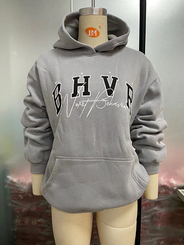 Long Sleeves Loose Keep Warm Letter Print Velvet Hooded Hoodies Tops