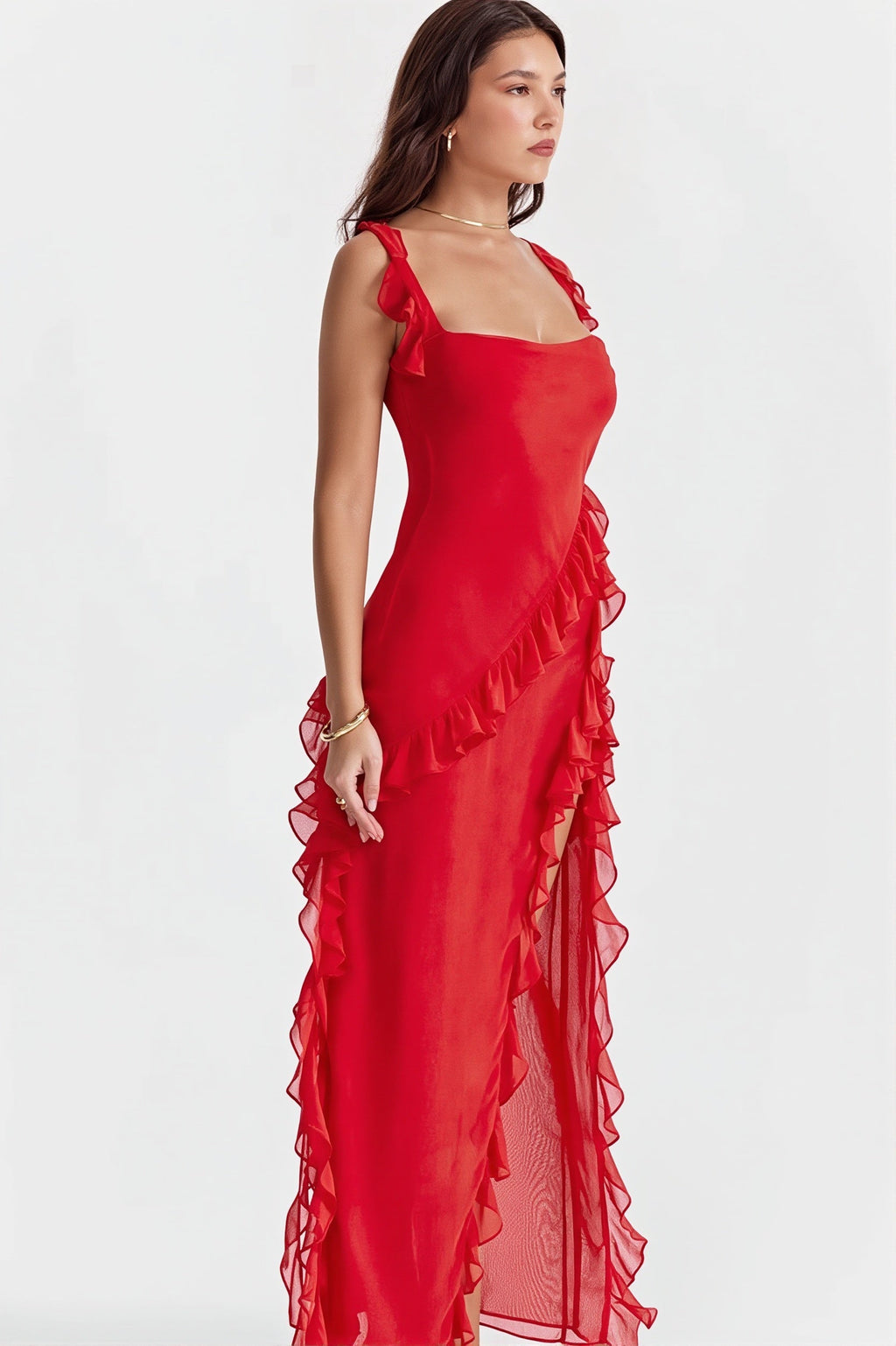 Ribbon Ruffle Splice Slit Maxi Dress