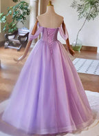 A-Linien-Prinzessinnenkleid aus hellviolettem Tüll mit Sweethart-Spitzenapplikationen, Partykleid/Abendkleid