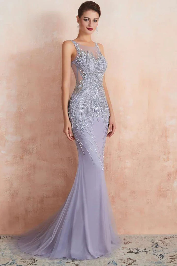 Lavendelfarbenes, ärmelloses Meerjungfrauenkleid mit Rundhalsausschnitt und Perlenstickerei