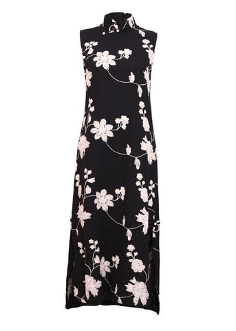 Beautiful black print cotton clothes stand collar side open cotton robes Dresses