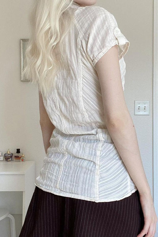 Polo Collar Ruched Slim Texture White Blouse