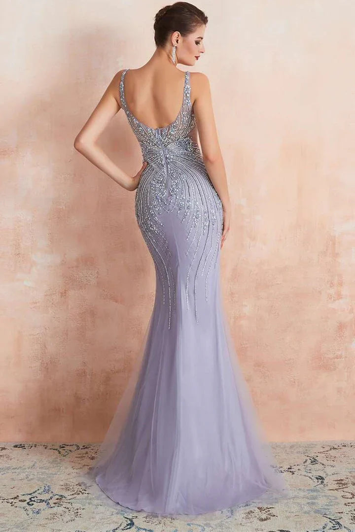 Lavendelfarbenes, ärmelloses Meerjungfrauenkleid mit Rundhalsausschnitt und Perlenstickerei