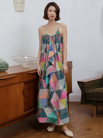 Women Summer Retro Triangle Floral Spliced Vest Dress