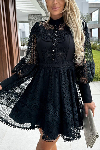 Vestido mini formal con mangas abullonadas y encaje de crochet Peak Party Vibes 