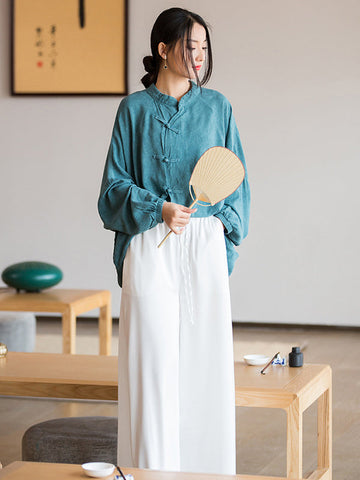 Blusas y camisas artísticas retro sueltas de manga larga con botones, color sólido y cuello alto 