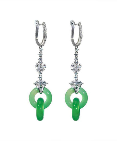 Chic Green Sterling Silver Zircon Jade Ping Buckle Tassel Drop Earrings