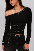 Asymmetric Shoulder Metal Stud Blouse