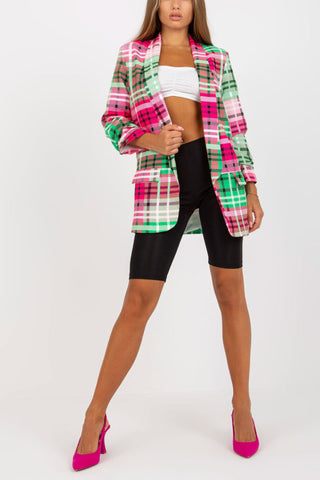 Lässiger Blazer für Damen, Farbe kariert, langärmelig, vorne offen, für die Arbeit im Büro, Anzugjacke mit Tasche 