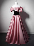 Vestido de fiesta largo de satén con hombros descubiertos y corte A en rosa y negro