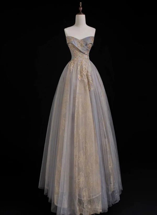 Langes Ballkleid in A-Linie, herzförmiger Schnitt, aus Tüll und Spitze, langes Abendkleid
