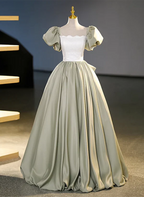 A-Line Princess Bubble Sleeved Green Short Sleeves Ball Gown Satin Long Party Dress Long Formal Quinceanera Dress