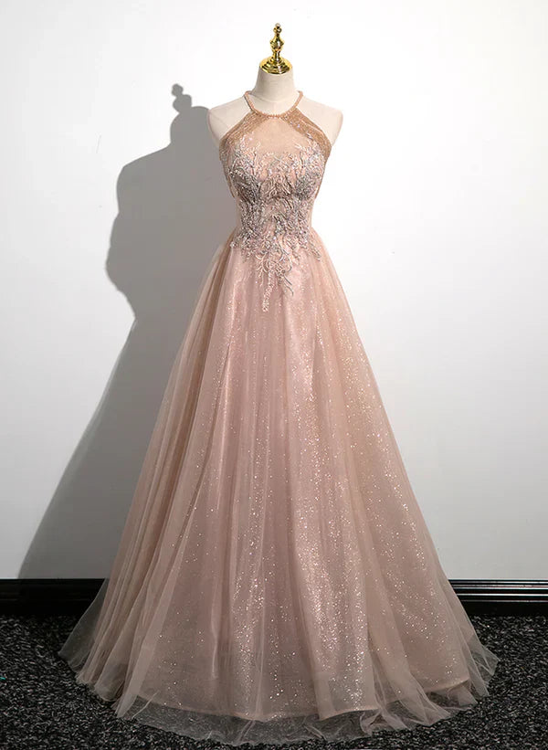 A-Line Princess Lovely Pearl Halter Tulle With Lace Applique Party Dress Tulle Long Prom Dress