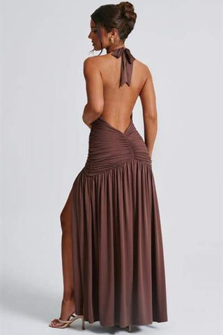 Vestido largo Norma con cuello en V profundo y cuello halter 
