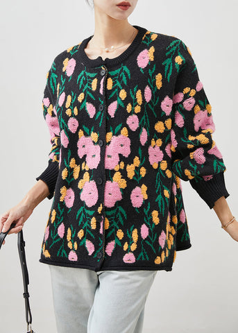 Cárdigan de punto jacquard negro con cuello redondo para invierno 