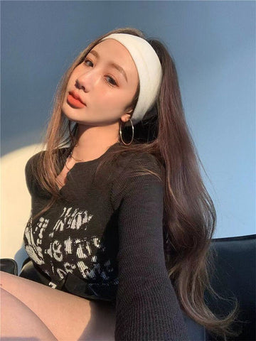 Top corto de manga larga, ropa grunge, camiseta vintage con letras, ropa estética, estilo coreano, top ajustado elegante de otoño Y2K, ropa de calle 