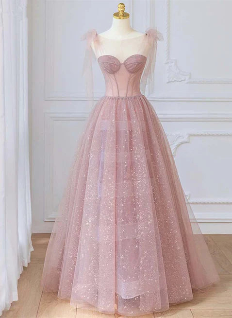 Vestido de Fiesta de Tul con Cuello Redondo y Línea A, Vestidos de Noche Largos hasta el Suelo