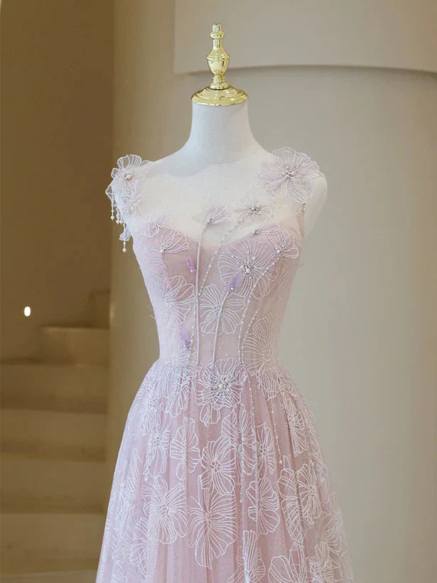 Leichtes langes Ballkleid aus Spitze mit Rundhalsausschnitt, A-Linie, pink, bodenlang