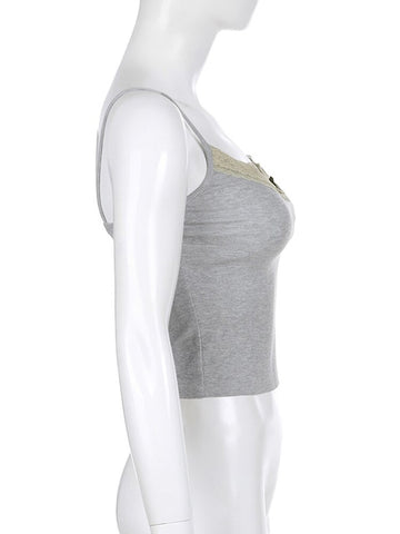 Y2k Bow Strick Crop Top Spitze V-Ausschnitt Mini Weste Damen Niedlich Basic Camis Harajuku Grau Sweats Chic Ästhetisches Koreanisches T-Shirt 