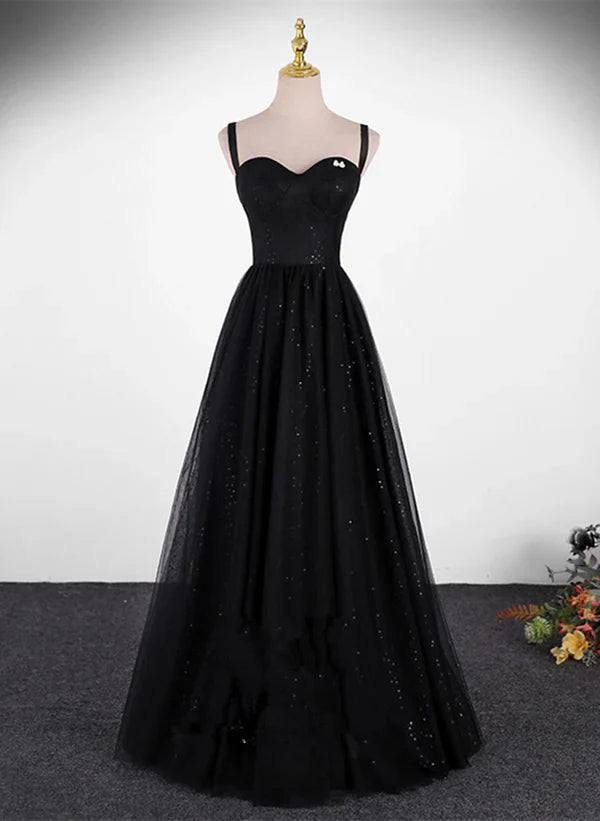 Vestido de noche largo sencillo con tirantes de tul, lentejuelas/brillos y corte en A para fiesta de graduación