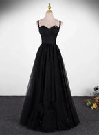 Vestido de noche largo sencillo con tirantes de tul, lentejuelas/brillos y corte en A para fiesta de graduación