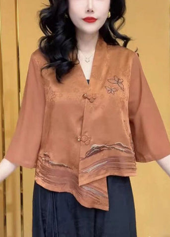 Camisas de seda con botones y cuello en V verde chic con mangas de pulsera 