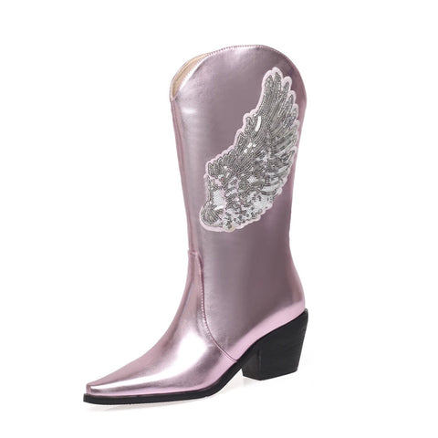 - Botas de mujer de talla grande con diseño de alas de ángel brillantes, lentejuelas, de longitud media, punta estrecha, tacones gruesos y cónicos, botines de baile sin cordones, color plateado 