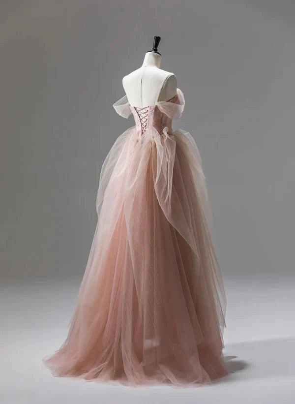 A-Linien-Prinzessin Tüll Perlen Lang Partykleid Ballkleid Bodenlang Abendkleid