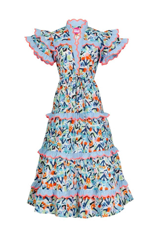 Vestido midi con cuello en V y volantes con bordado floral 