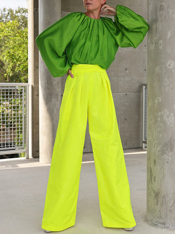 Contrast Color Round-Neck Puff Sleeves Blouse Top + Wide Leg Pants Two Pieces Set