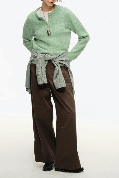 Retro Crew-Neck Green Knit Cardigan