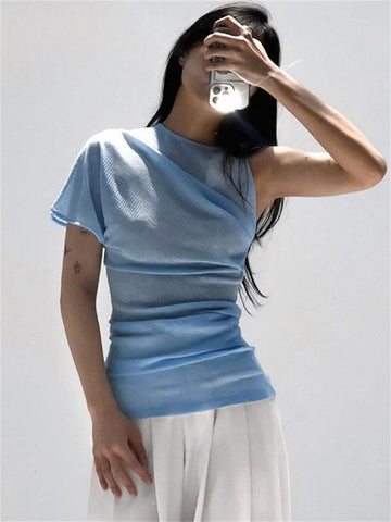 Tossy Solid Casual One-Shoulder T-shirt For Women Patchwork Short Sleeve Pleated Fashion Summer Y2k Top Female Pullover Tee Top
