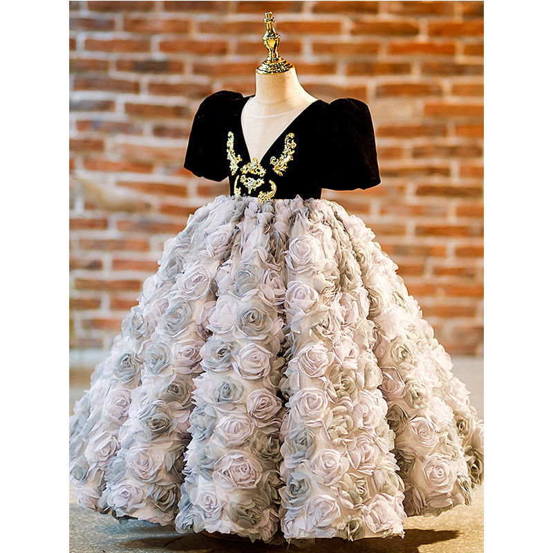 Vestido de niña de las flores para comunión, fiesta de cumpleaños, vintage, floral, esponjoso, princesa. 