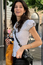 Lapel Button Bow Polka Dot Blouse