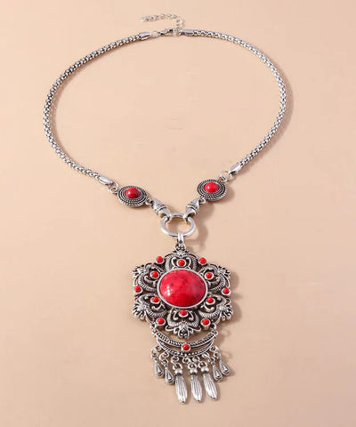 Collar vintage con colgante de borla de ágata roja en plata de ley 