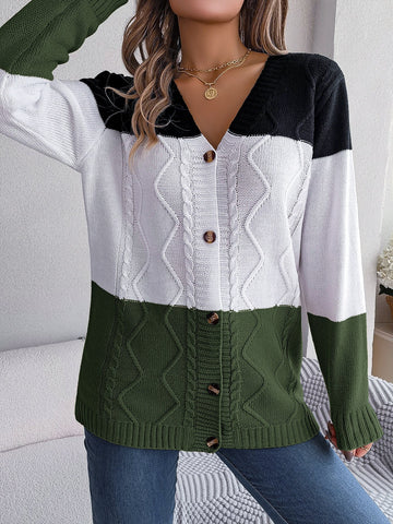 Herbst Winter Casual Kontrast Farbe Taste Langarm Pullover Strickjacke Mantel Frauen Kleidung 